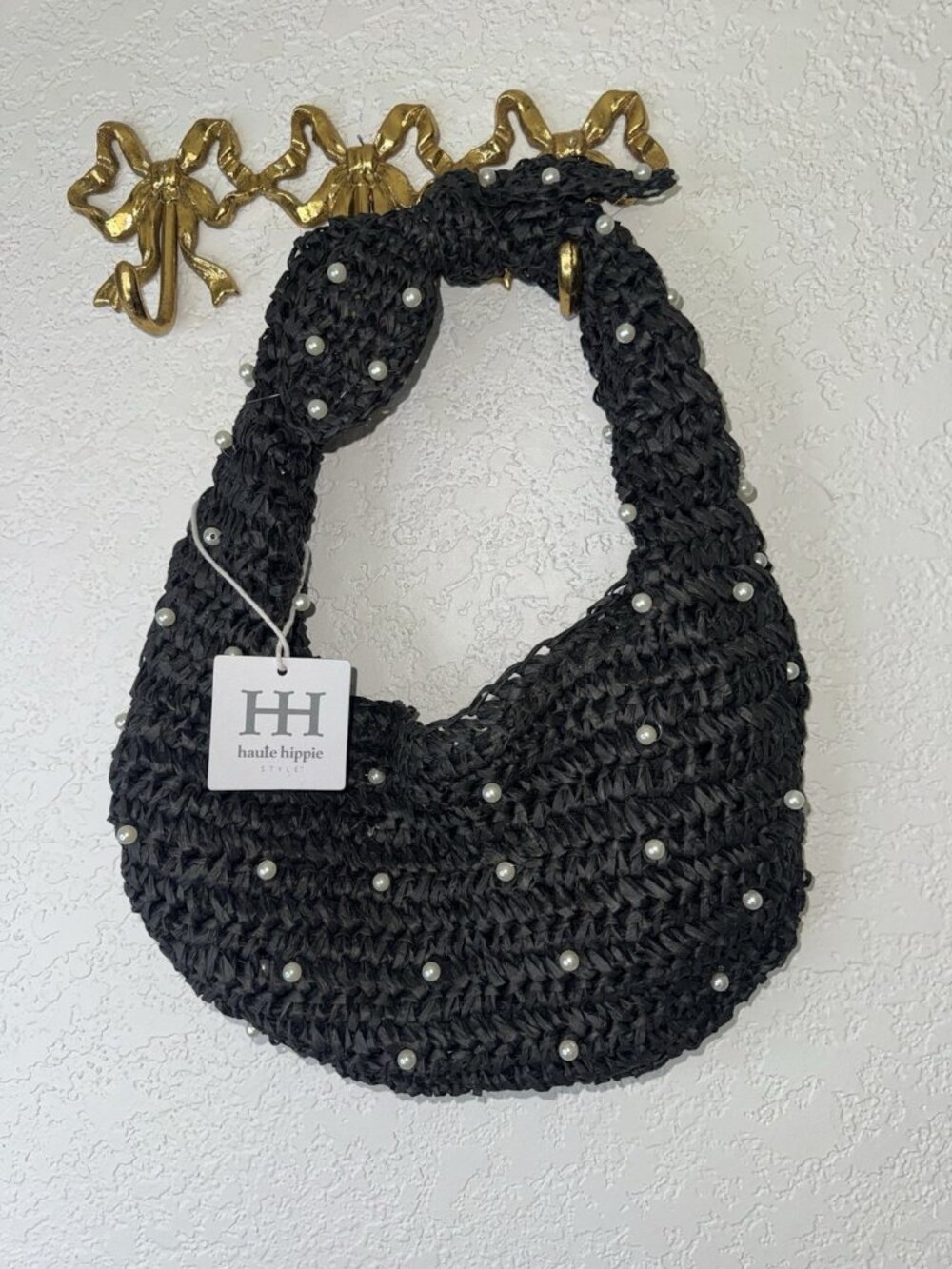 Haute Hippie Style Straw Woven Pearl Beaded Shoulder Bag Black Zip Closure NEW - Picture 2 of 5